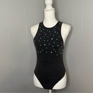 ZARA Black Rhinestone Studded Ribbed Bodysuit | Size M | Sparkly Party Top